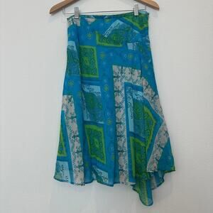 Vintage blue green bandana paisley print asymmetrical midi flowy skirt US 4